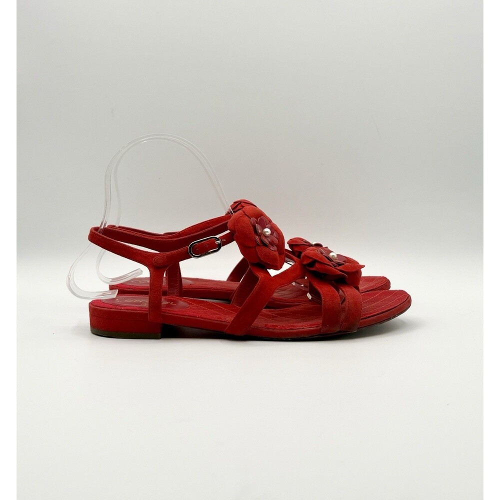Chanel Red Suede Sandals w/ Camelia Flower Accents Pearls T Strap Size EU 37 - Picture 3 of 13